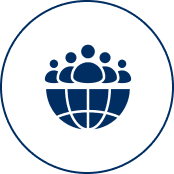 Blue globe with people icons inside.